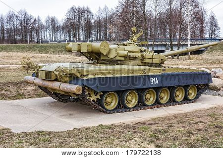 Belarus Krupki - 29.03.2017: T-80BV tank in the exposition to the soldiers of the internationalists