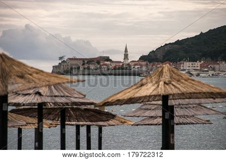 Sea beach on the background of the old city