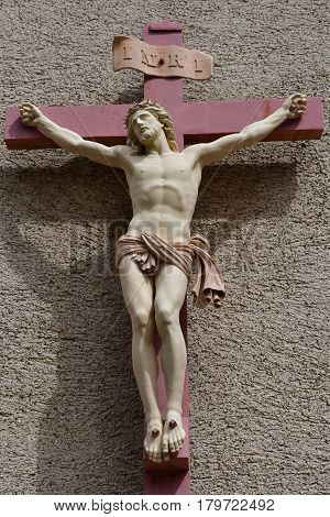 Eguisheim France - july 23 2016 : Christ on the saint Pierre saint Paul church