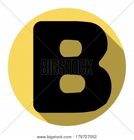 Letter B sign design template element. Vector. Flat black icon with flat shadow on royal yellow circle with white background. Isolated.