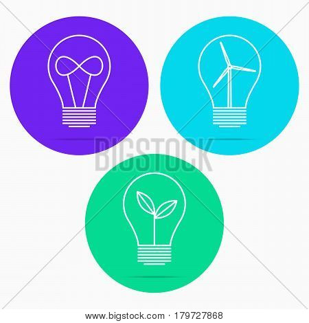 Light bulb with young shoots, infinity sign, windmill. Vector illustration