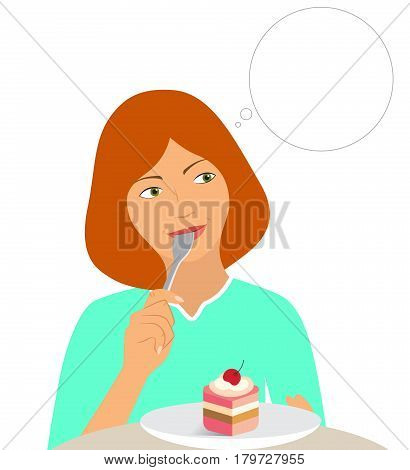 Beautiful girl thinking and eating a cake