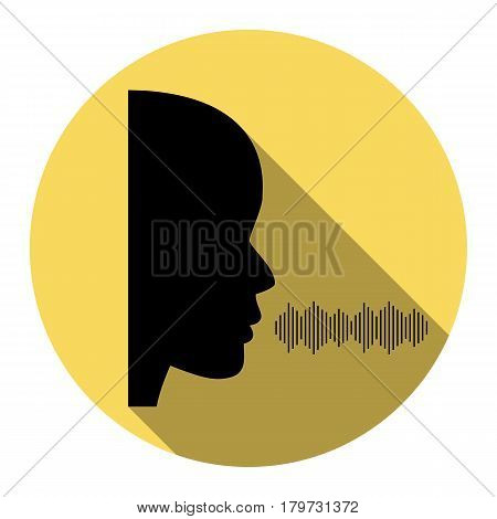 People speaking or singing sign. Vector. Flat black icon with flat shadow on royal yellow circle with white background. Isolated.