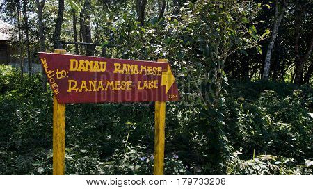 Red sign next to green vegetation giving easy direction with yellow letters and arrow towards ranamese lake danau Indonesia.