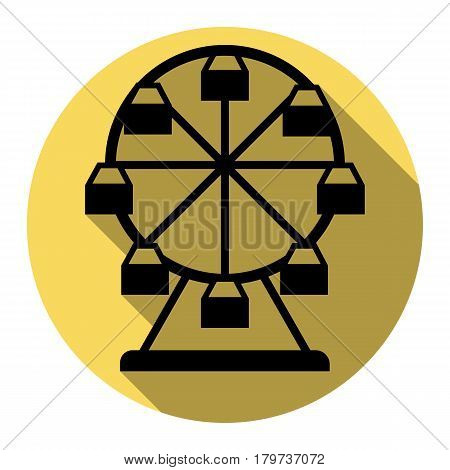 Ferris wheel sign. Vector. Flat black icon with flat shadow on royal yellow circle with white background. Isolated.