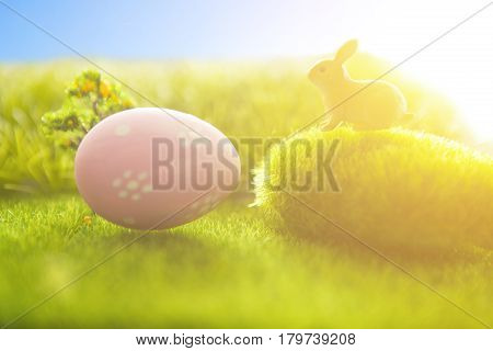 Decorated Eggs And The Easter Bunny On Meadow. Macro.
