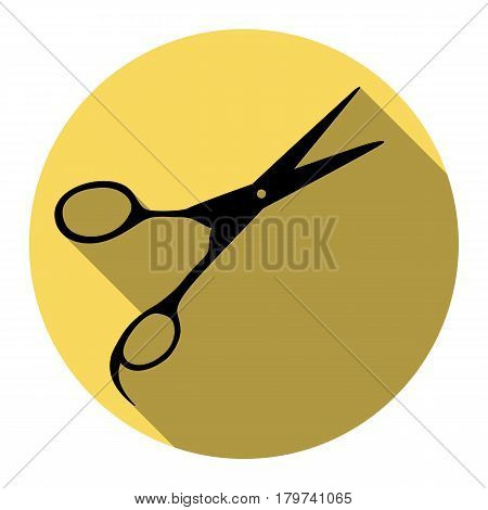 Hair cutting scissors sign. Vector. Flat black icon with flat shadow on royal yellow circle with white background. Isolated.