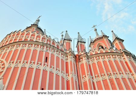 The Church of the Nativity of St. John the Baptist is a functioning Orthodox church in St. Petersburg an architectural monument in the style of pseudo-gothic Russia.