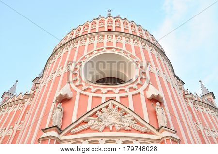 The Church of the Nativity of St. John the Baptist is a functioning Orthodox church in St. Petersburg an architectural monument in the style of pseudo-gothic Russia.