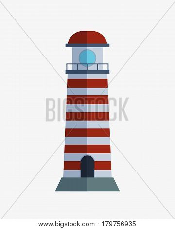 Cartoon flat lighthouse searchlight tower for maritime navigation guidance and ocean beacon light travel water sailing signal symbol vector illustration. Nautical building direction element with lamp.