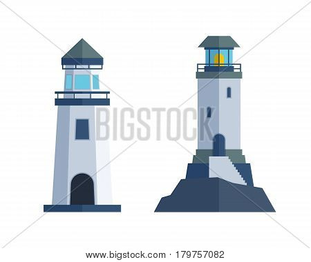 Cartoon flat lighthouse searchlight tower for maritime navigation guidance and ocean beacon light travel water sailing signal symbol vector illustration. Nautical building direction element with lamp.