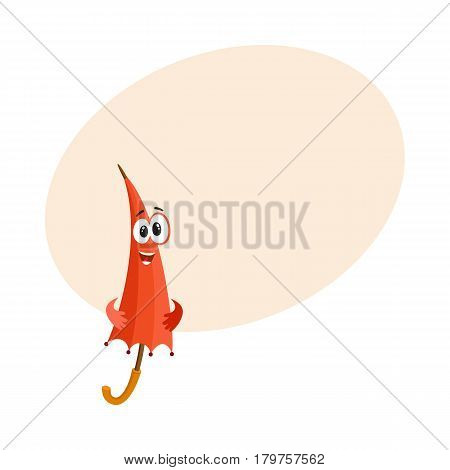 Cute and funny red folded, closed umbrella character with smiling human face, cartoon vector illustration with place for text. Closed umbrella, parasol character, mascot, design element