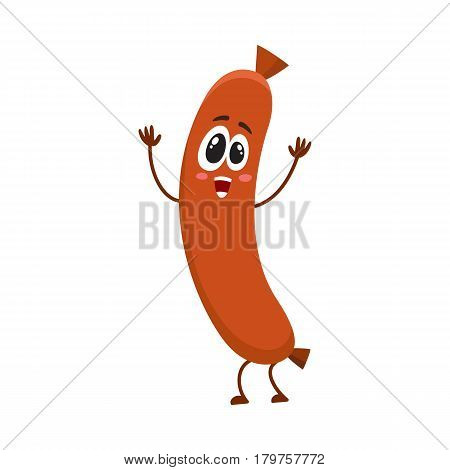Cute and funny sausage character with human face showing awe, admiring something, cartoon vector illustration isolated on white background. Sausage character, mascot, looking at something with awe