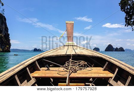 Long boat tranditional with rope and anchor of Krabi Thailand