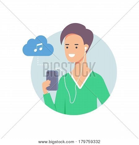 Vector illustration of man listening to music on smartphone connected to cloud server