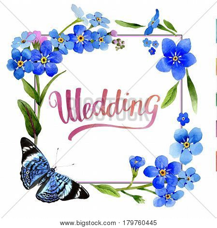 Wildflower myosotis arvensis flower frame in a watercolor style isolated. Full name of the plant: Myosotis arvensis. Aquarelle wild flower for background, texture, wrapper pattern, frame or border.