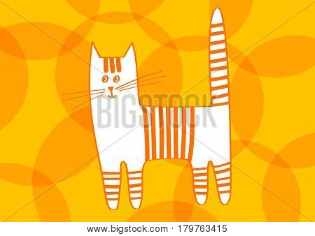 Striped orange cartoon cat on background with patterns. Vector illustration