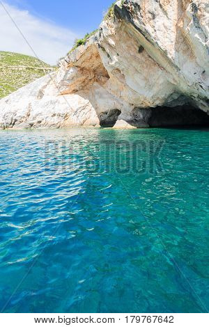 Beautiful lanscape of sea snd white caved rocks, Zakinthos island, Greece