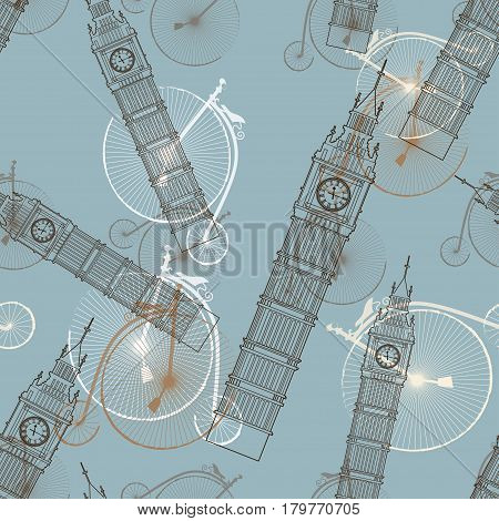 Big Ben vector contur. England or London icon with old vintage bicycles seamless pattern