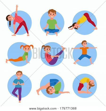 Cute yoga kids set. Children yoga gymnastics vector illustration