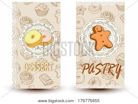 desserts and pastri Design elements in sketch style for confectionery and bakery shops.