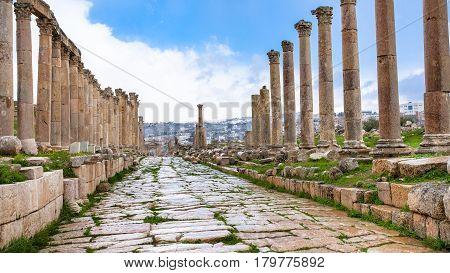 Wet Cardo Maximus Road In Jerash (ancient Gerasa)