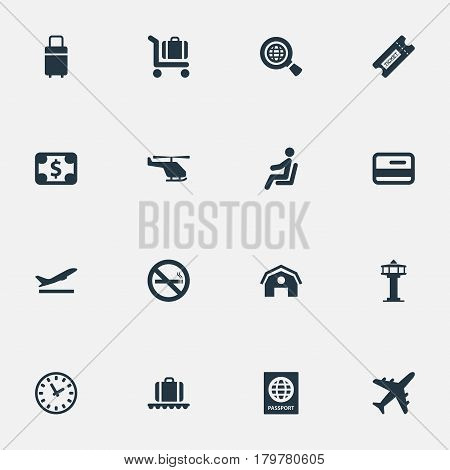 Vector Illustration Set Of Simple Airport Icons. Elements Watch, Air Transport, Credit Card And Other Synonyms Passport, Helicopter And Watch.