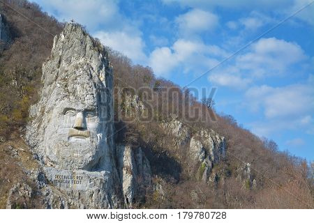 sculpture of decebalus rex king of romanians. located near the danube and measuring over 40m in height it is the tallest rock relief in europe