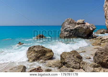 Amazing landscape of blue waters of Megali Petra Beach, Lefkada, Ionian Islands, Greece