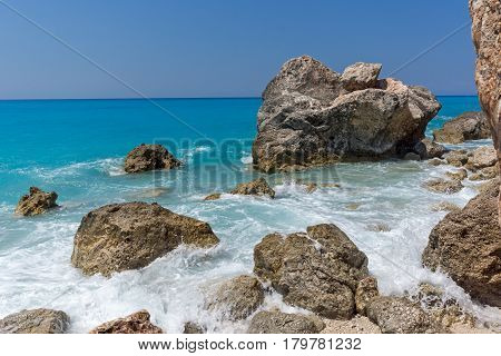 Amazing landscape of blue waters of Megali Petra Beach, Lefkada, Ionian Islands, Greece