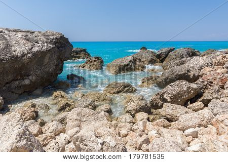 Amazing landscape of blue waters of Megali Petra Beach, Lefkada, Ionian Islands, Greece