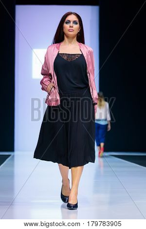 MOSCOW RUSSIA - MARCH 22 2017: Model walk runway for LA REDOUTE & PLUS SIZE MOSCOW catwalk at Autumn-Winter 2017-2018 Moscow Fashion Week. Plus-size fashion models.