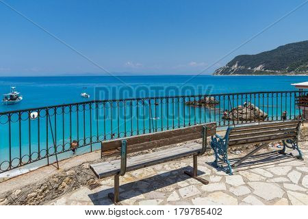 AGIOS NIKITAS, LEFKADA, GREECE JULY 16, 2014: Blue waters of beach of village of Agios Nikitas, Lefkada, Ionian Islands, Greece