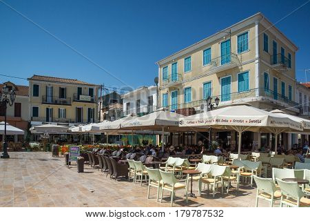 LEFKADA TOWN, GREECE JULY 17, 2014: Central street in Lefkada town, Ionian Islands, Greece