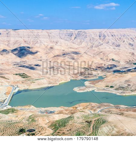 Above View Of Wadi Mujib River And Al Mujib Dam