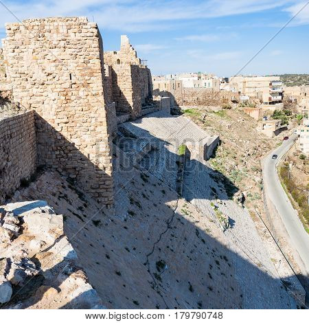 Wall Of Kerak Castle And Houses Of Al-karak Town