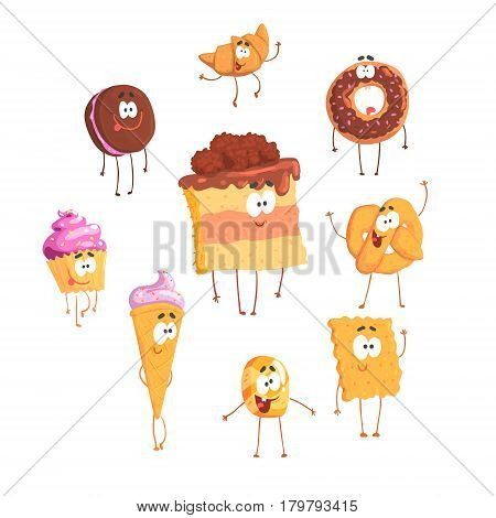 Funny sweets standing and smiling, set for label design. Confectionery and desserts. Cartoon detailed Illustrations isolated on white background