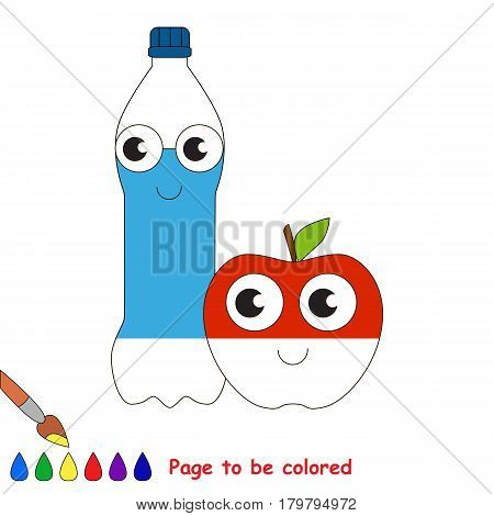 Water Bottle and Apple, the coloring book to educate preschool kids with easy gaming level, the kid educational game to color the colorless half by sample.