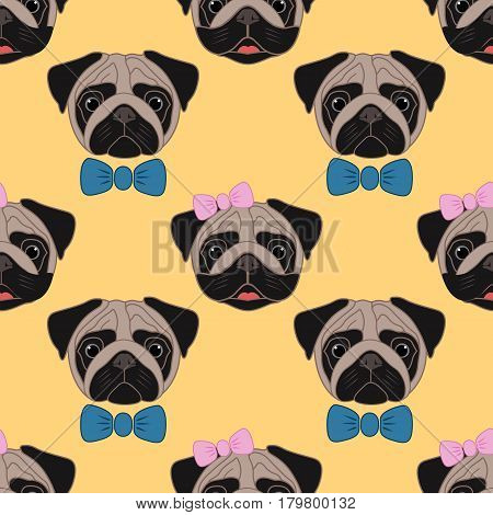 Pugs. Girl and boy. Seamless vector pattern on yellow background