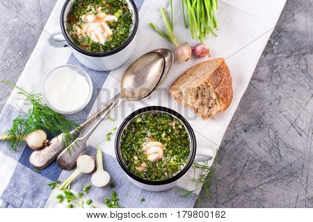 Traditional russian Cold Soup Okroshka with meat, vegetables and kvass serving size in enamel cup and raw ingredients on on grey stone table. Kvass is a traditional Slavic and Baltic fermented beverage commonly made from rye bread