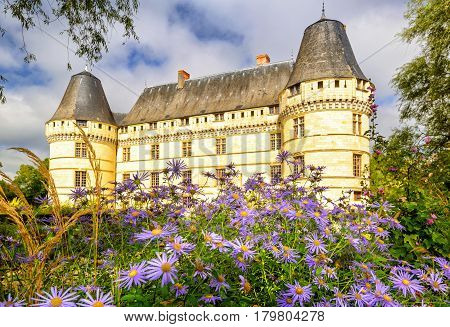 Flower garden in front of the chateau de l'Islette, France. This Renaissance castle is located in the Loire Valley, was built in the 16th century and is a tourist attraction.
