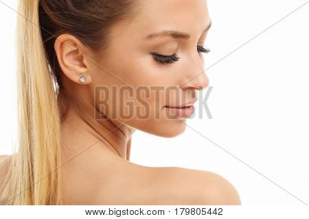 Woman face portrait isolated on white with healthy skin