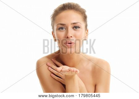 Woman face portrait isolated on white with healthy skin