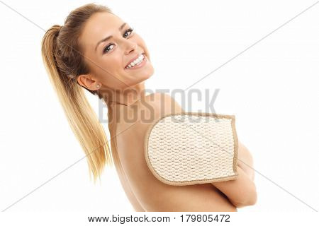 Woman with bath sponge isolated on white with healthy skin