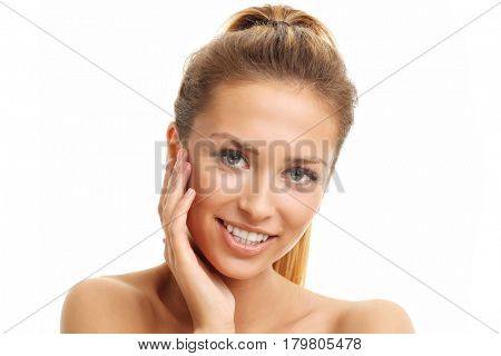 Woman face portrait isolated on white with healthy skin