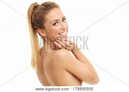 Woman face portrait isolated on white with healthy skin
