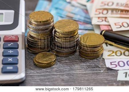 Calculator With  Euro Cins And Banknotes. Macro.