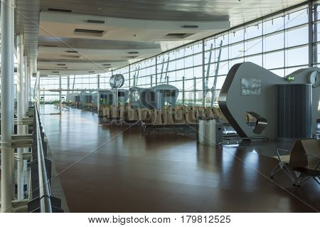 Madrid Spain: 24th July 2016: The Madrid-Barajas Airport is Spain's largest and busiest airport characterised by a floating roof propped by an internal coloured structure.