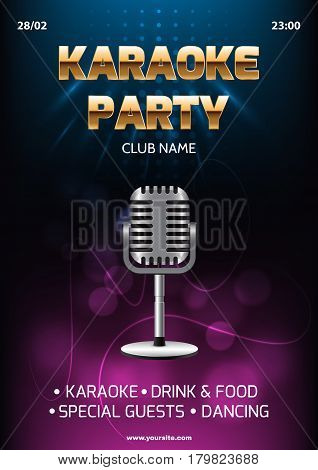 Karaoke party invitation flyer template. Dark background with abstract light and glare. Silver retro microphone in center. A4 size.