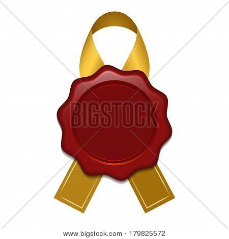 Realistic wax stamp with gold ribbon. Clean seal isolated on white background. Vector illustration.